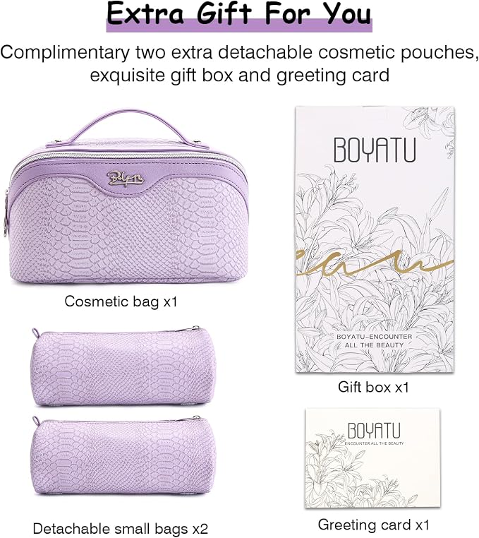 BOYATU Travel Makeup Bags for Women: 3 Pcs Set Wide Open Cosmetic Bag - Portable Make up Bags with Handle - Vegan Leather Toiletry Organizer Bag with Divider (G-01-Purple) - Image 6