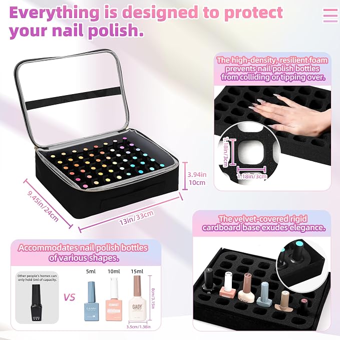 DERSTUEWE Nail Polish Organizer Case – Waterproof Travel Bag with Hard Bottom – Double Layer Nail Storage Bag with Adjustable Dividers & Nail Lamp Compartment (Black) - Image 3