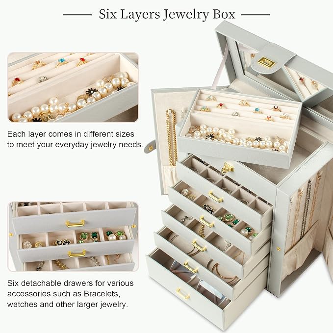 AKOZLIN 6-Tier Jewelry Box Organizer Functional 5 Drawers Leather Jewelry Storage Case for Women Girls Ring Necklace Earring Bracelet Holder Organizer with Mirror Grey Large - Image 3