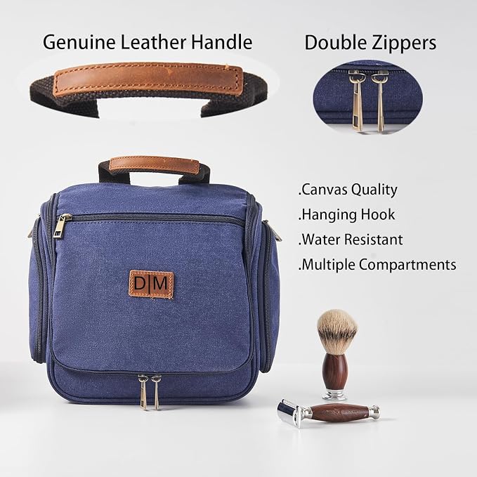 Canvas Toiletry Bag for Men Shaving Dopp Kit Bulk Travel Hanging Makeup Organizer with Sturdy Metal Hook Portable Cosmetic Bag for Women with Large Capacity Blue - Image 3