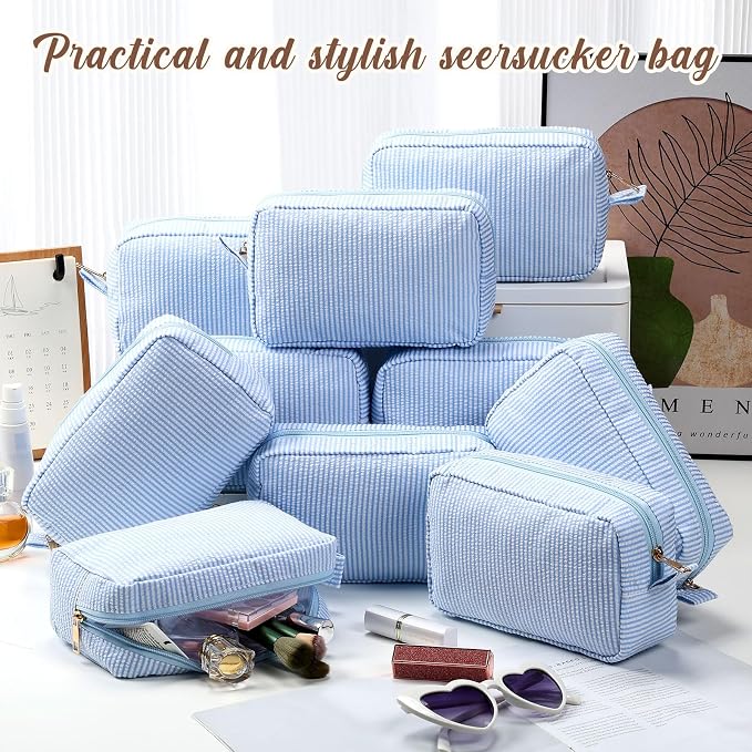 Sanwuta 10 Pcs Seersucker Cosmetic Bag Seersucker Makeup Bag Women Stripe Large Travel Toiletry Organizer Preppy Storage Pouch for Embroidery Wedding Bridesmaid Bride Mom (Light Blue) - Image 4