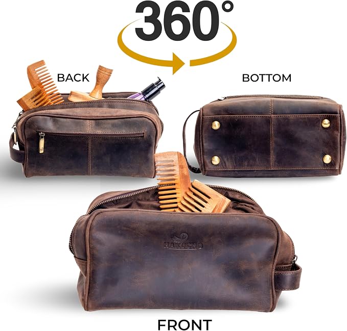 Full Grain Leather Toiletry Bag for Men & Women Travel Pouch, Travel Shaving Kit Organizer with YKK Zipper, Spacious Bathroom Grooming & Cosmetic Storage Case - Waterproof Lining (Dark Brown) - Image 9