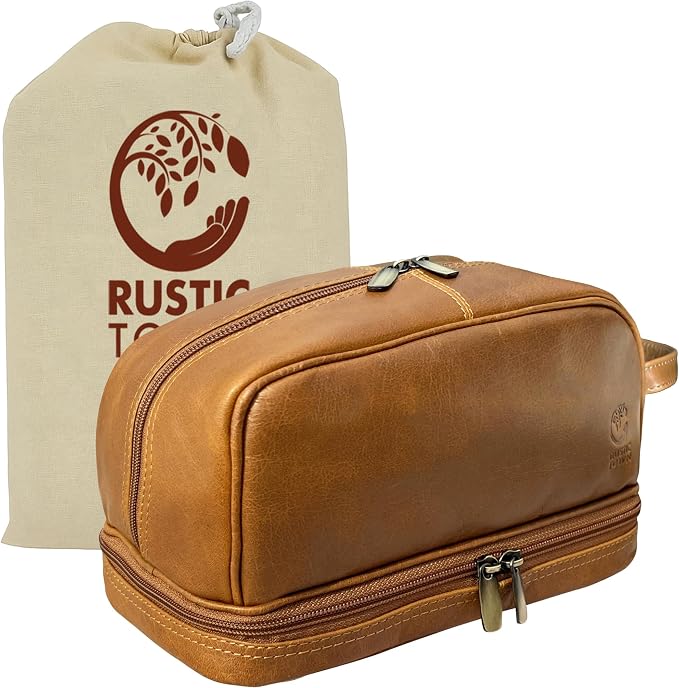 RUSTIC TOWN Leather Toiletry Bag - Waterproof Ditty Kit for Men and Women, Travel Organizer for Full-Size Essentials, TSA Approved by RusticTown