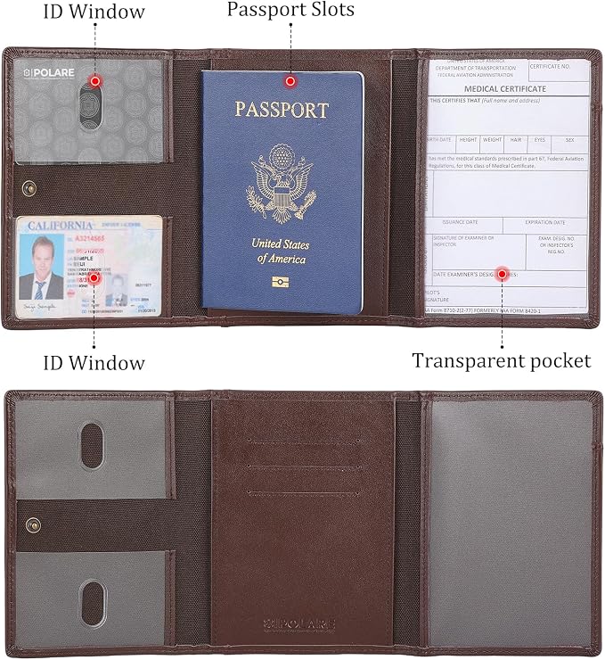 Polare Napa Leather Pilot Wallet Passport Holder RFID Blocking Tri-fold Travel Cover Document Organizer for Aviation Professionals (Coffee) - Image 6