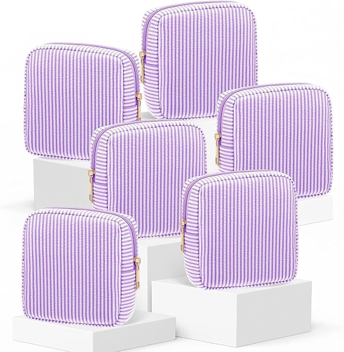 Sanwuta 6 Seersucker Cosmetic Bag Bulk Striped Makeup Bag for Women Aesthetic Cute Travel Toiletry Organizer Preppy Storage Pouch for Wedding Bridesmaid Mother's Day Teacher Gift (Small,Purple) by Sanwuta