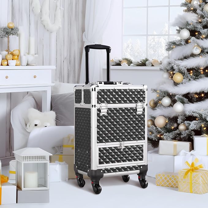 Yaheetech Rolling Makeup Train Case with a Drawer Nail Trolley Black/Silver | Sturdy ABS & aluminum nail cart organizes beauty supplies in side trays and a drawer, rolls smoothly & lockable for travel - Image 7