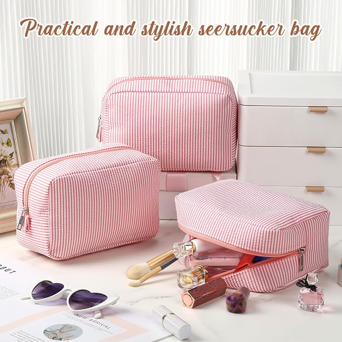 Sanwuta 6 Seersucker Cosmetic Bag Bulk Striped Makeup Bag for Women Aesthetic Cute Travel Toiletry Organizer Preppy Storage Pouch for Wedding Bridesmaid Mother's Day Teacher Gift (Large,Coral Pink) - Image 4