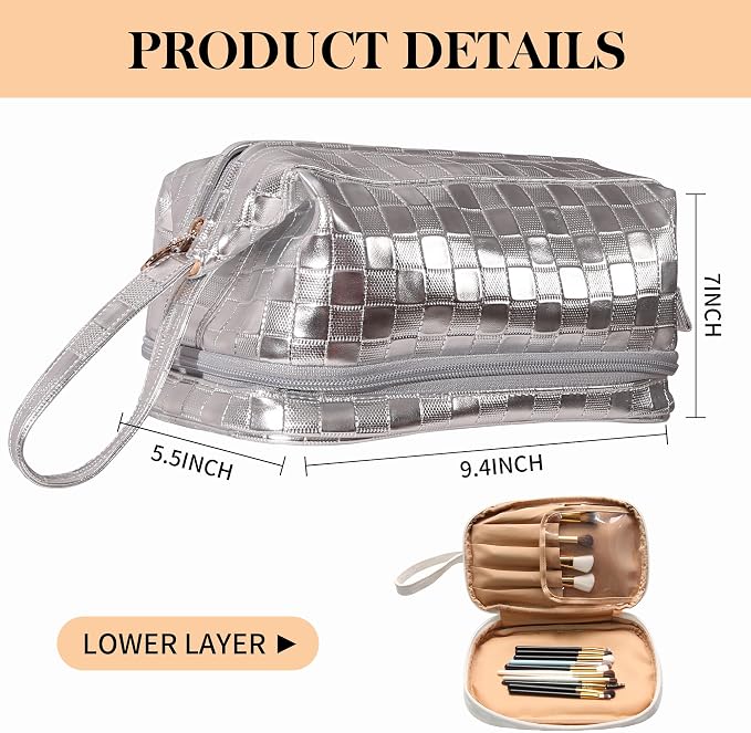 Abiudeng Large Capacity Makeup Bag Ladies Cosmetic Bag Travel Bag with Compartments Portable PU Leather Travel Makeup Bag with Handle - Image 2