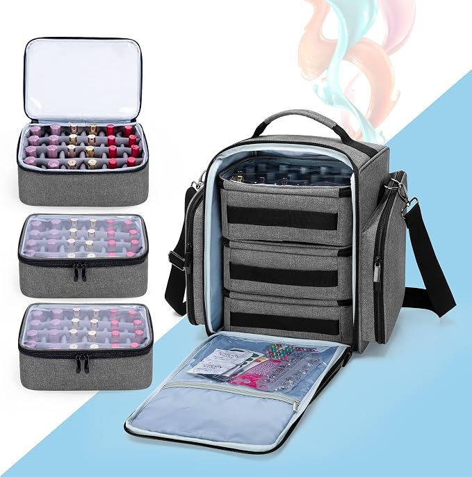 BAFASO Nail Polish Organizer Holds 72 Bottles (15ml - 0.5 fl.oz), Gray | Large Nail Polish Case with 3 Removable Pouches and Multiple Storage Sections, Patented Design. - Image 2