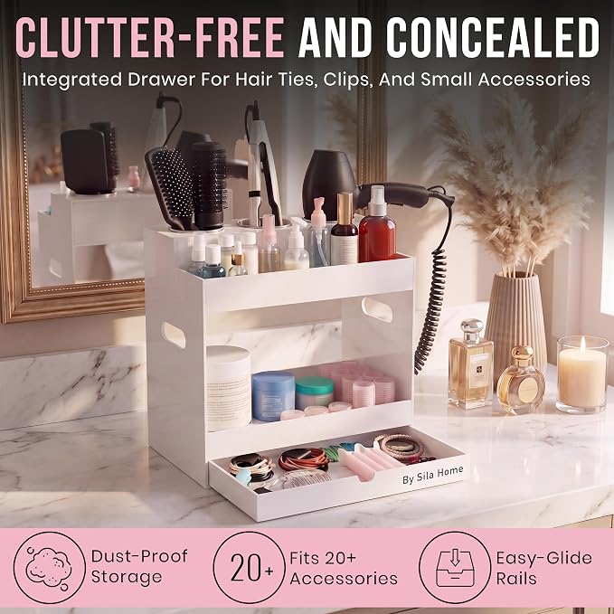 Hair Tool Organizer Countertop Extra Wide Bay | Bathroom & Hot Tools Organizer For Hair | Hairdryer Holder For Bathroom Vanity | Hot Tools Storage for Curling Iron Straightener, 3 Stainless Cups White - Image 6