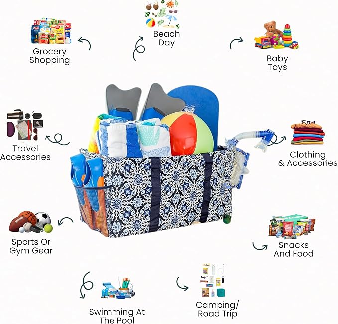 Extra Large Utility Tote Bag - Oversized Collapsible Reusable Wire Frame Rectangular Canvas Basket With Two Exterior Pockets For Beach, Pool, Laundry, Car Trunk, Storage - Blue Snowflake - Image 3