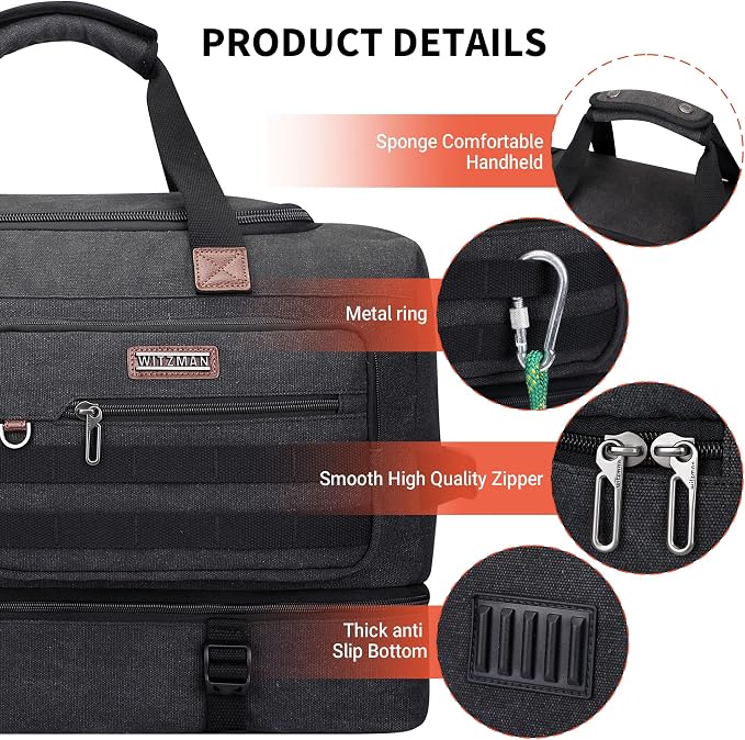 WITZMAN Duffle Bag for Men 50L Travel Canvas Weekender with Toiletry Bag | With Shoe Compartment and Dry-wet Pocket, Convertible, Carry On, One Duffel for Gym, Sports, Overnight, A8010/2 Black - Image 6