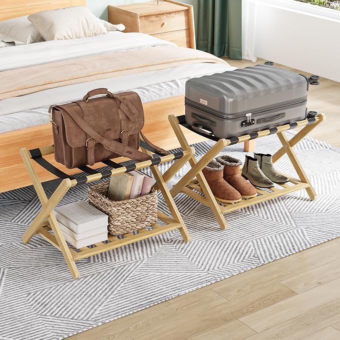 Smuxee Fully Assembled Luggage Rack Pack of 2, Upgraded Bamboo Foldable Suitcase Stand with 5 Nylon Straps, Luggage Holder with Shelf for Guest Room Bedroom Hotel by Smuxee