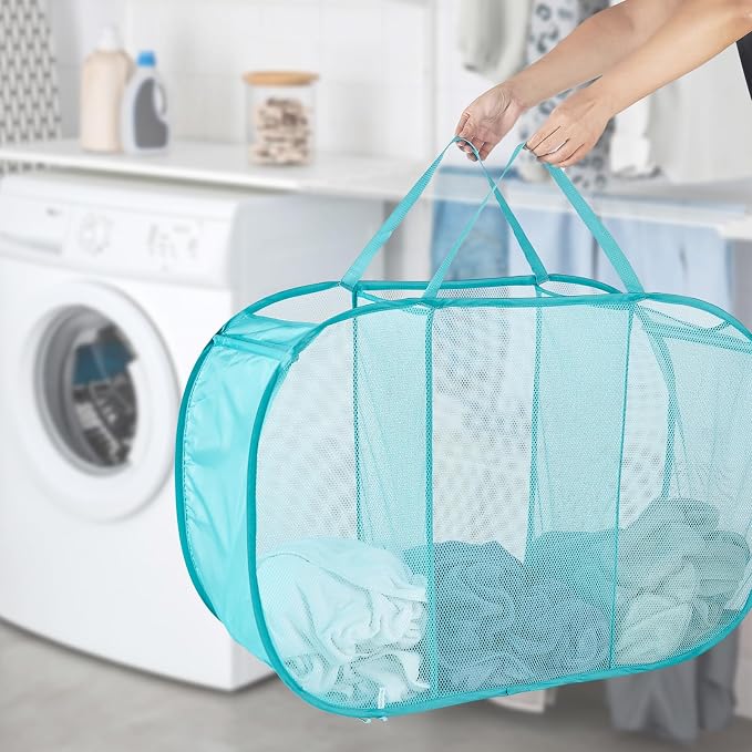 Seiritex Mesh Popup Laundry Hamper 3 Compartment Sortable Horizontal Collapsible Laundry Basket for Clothes Laundry Room Bedroom Toys Travel (Turquoise Blue) - Image 3
