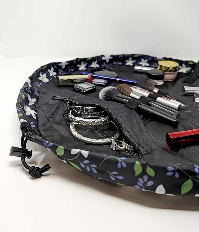 Lay-n-Go Cosmo Drawstring Cosmetic & Makeup Bag Organizer - Portable Drawstring Makeup Bag w/Zipper Pocket, Makeup Loops & More - Durable, Machine Washable Toiletry Bag (20", Floral Large) - Image 2