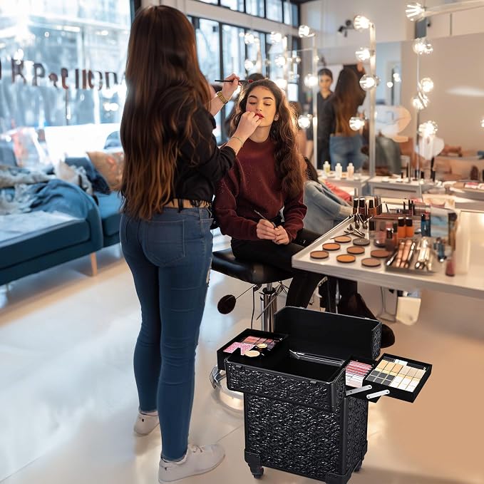 BYOOTIQUE Rolling Makeup Case Cosmetology case on wheels Makeup Artist Nail | Aluminum Rolling Makeup Suitcase with 360° Detachable Wheel Lockable 44Lb Large Capacity Organizer Nail Tech Mermaid Black - Image 7