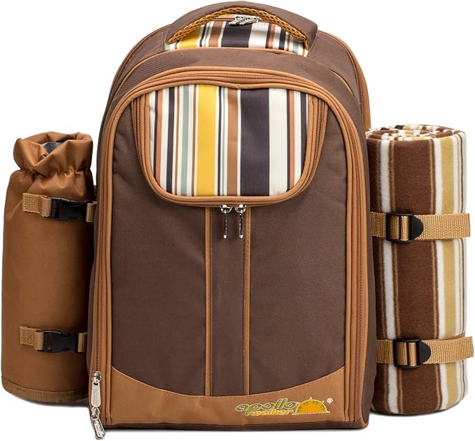 apollo walker Picnic Backpack Bag for 2 Person with Cooler Compartment, Detachable Bottle/Wine Holder, Fleece Blanket, Plates and Cutlery(2 Person, Brown) - Image 5
