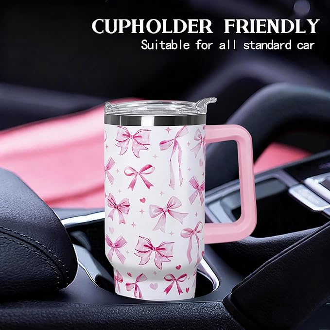 30 Oz Pink Bow Tumbler With Handle, Blue Bow Decor Coffee Travel Mug Cup Water Bottle, Gifts for Women Girls