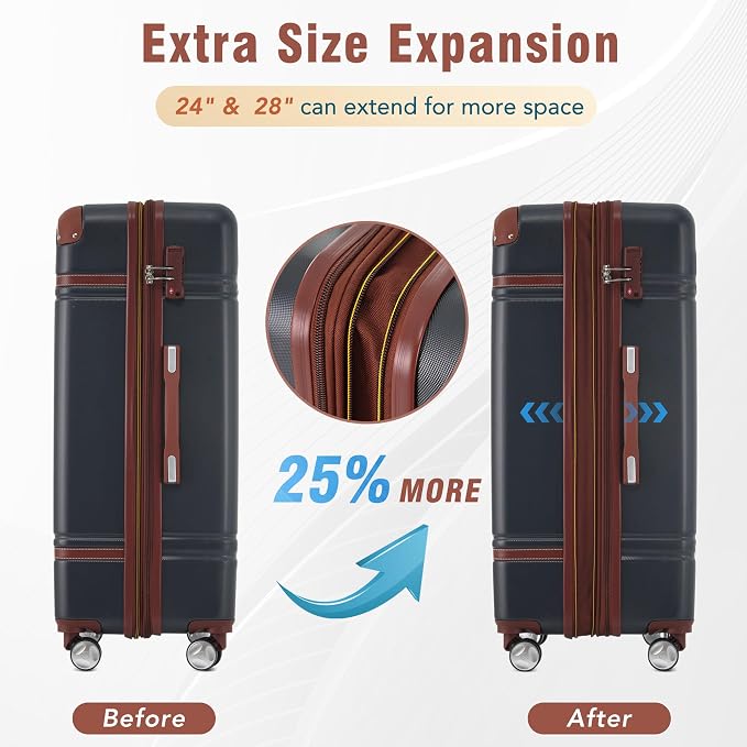 Merax Luggage Set 2 Piece Suitcase Set with Cosmetic Case Expandable Spinner Wheels Vintage Luggage Sets(Black,20"+24") - Image 5