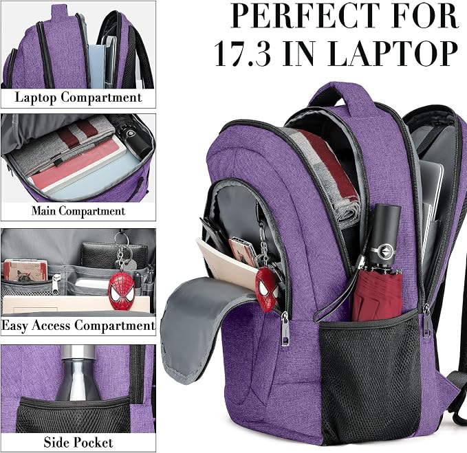 BIKROD Backpack for Women and Men, Extra Large School Backpacks for Teens, Water Resistant Back Pack Fits 17 Inch Laptop, Business Anti Theft Sturdy Computer Bag Gifts, Purple - Image 2