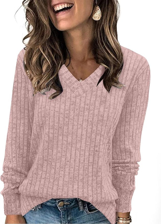 Sampeel V Neck Long Sleeve Shirts for Women Casual Fall Tops Lightweight Tunic Sweaters Fashion Clothes Loose Fit 2025