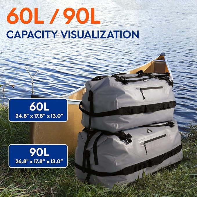 Haimont IPX7 Waterproof Roll-Top Dry Duffel Backpack | 60L/90L Sizes, 500D Tarpaulin, Welded Seams, Mesh Pockets, Boating & Kayaking - Image 7