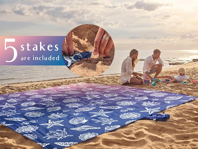WEKAPO Beach Blanket Waterproof Sandproof Oversized, Extra Large Beach Mat Sand Free, Lightweight & Compact Sand Free Mat with 5 Stakes & 4 Corner Pockets - Image 6
