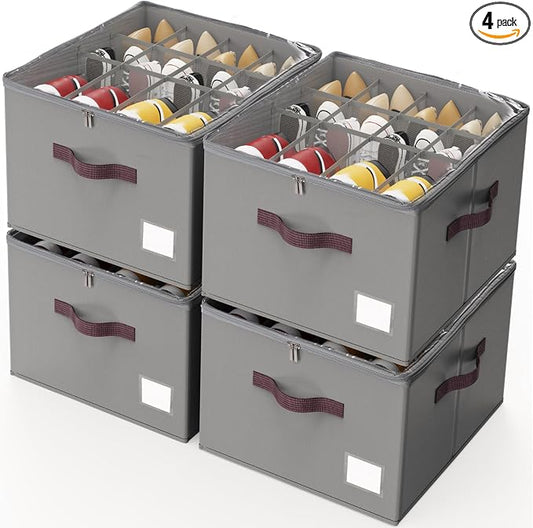 Criusia Shoe Organizer for Closet, 4 Pack Shoe Organizer with Transparent Cover and Sturdy Handles, Closet Shoe Storage for Sneakers Sandals Slippers, Fit 12-16 Pairs, Gray by Criusia