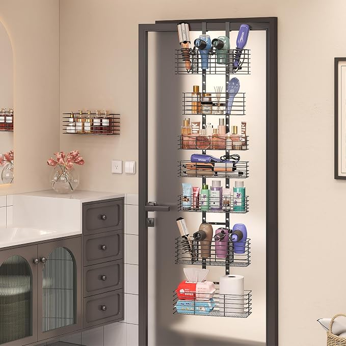 Yuyetuyo 7-Tier Over The Door Organizer, Shower Caddy Hanging &Wall Mounted Hair Tool Organizer/Hair Dryer Holder Adjustable, Behind Door Storage for Bathroom Bedroom Closet Cabinet Pantry Kitchen - Image 5