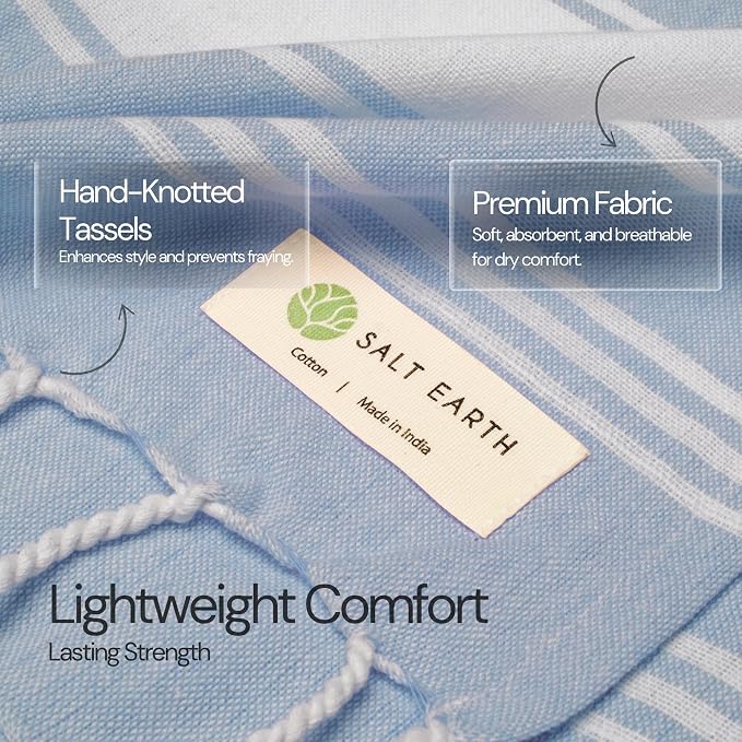 Salt Earth Cotton Turkish Beach Towel (Set of 2, 36"x72") - Soft, Quick Dry, Sand Resistant, Absorbent Towels for Bathroom, Home, Travel, Pool, Spa, Bath, Swim - Beach Towels Oversized (Sky Blue) - Image 2