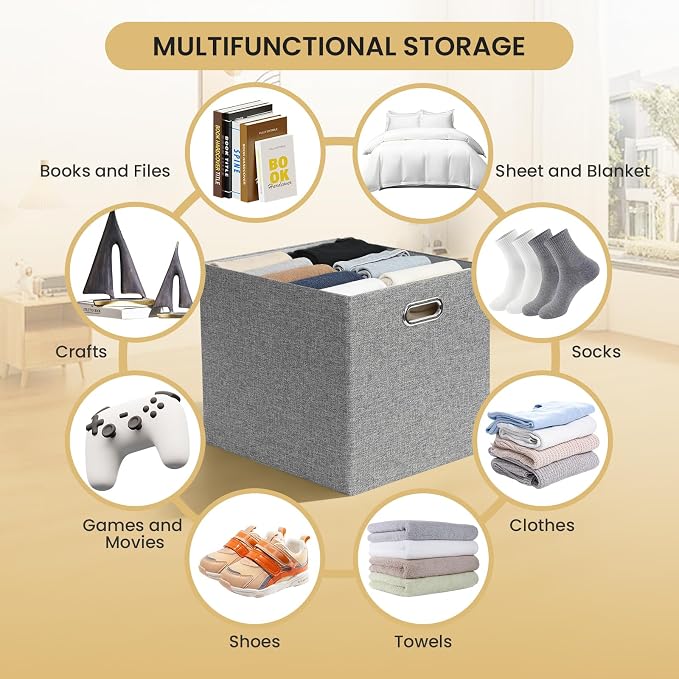 Posprica 3X Thicker Collapsible Storage Bins,13×15x13 Foldable Storage Cube Boxes Fabric Drawer for Closet Shelf Cabinet Bookcase, set of 4 (Gray-1200D) - Image 5
