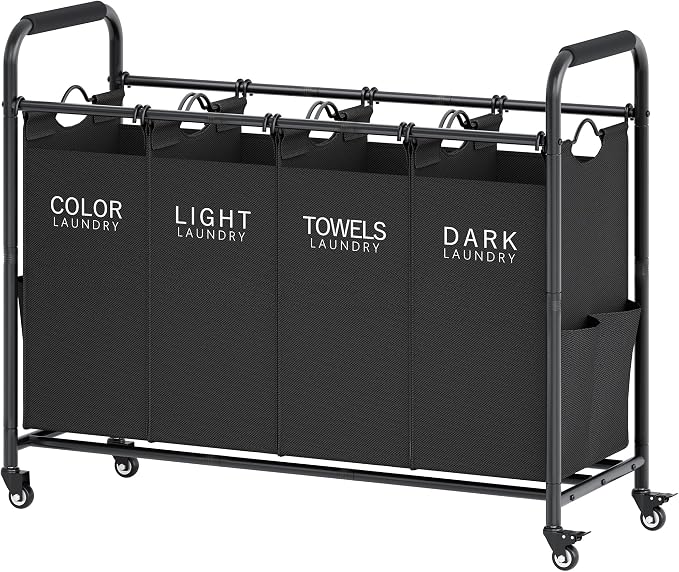 Tajsoon 4 Bag Laundry Sorter Cart, 4 Section Laundry Hamper Sorter with Heavy Duty Lockable Rolling Wheels, Laundry Separator Hamper with Removable Bags for Dirty Clothes Storage, Black by Tajsoon
