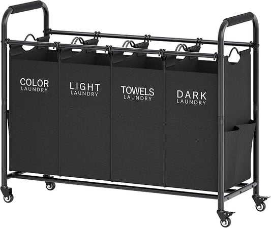 Tajsoon 4 Bag Laundry Sorter Cart, 4 Section Laundry Hamper Sorter with Heavy Duty Lockable Rolling Wheels, Laundry Separator Hamper with Removable Bags for Dirty Clothes Storage, Black by Tajsoon