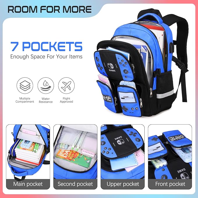 Jafeton School Backpack for Boys, 4 PCS Gamer Boy Backpack Set with Bento Box, Lunch Box & Pencil Pouch, Waterproof Schoolbag for Boys Kids Teens, Elementary Middle School, Kid Bookbag Casual Daypack - Image 3