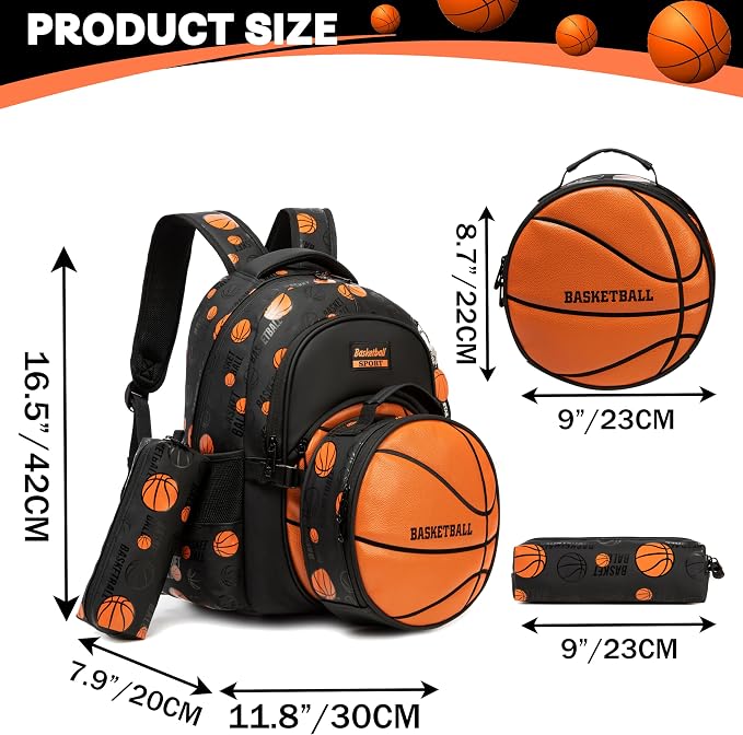 Boys' School Backpack with Lunch Box and Pencil Case - Ideal for Teens and Middle School Students, Orange Basketball - Image 2