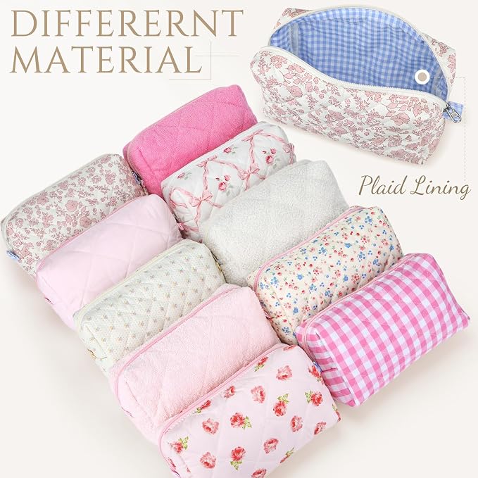Paterr 10 Pcs Quilted Makeup Bag Bulk Cotton Floral Cosmetic Bag Women Girls Bridesmaid Gifts Cute Makeup Pouch Coquette Aesthetic Travel Toiletry Organizer(Pink Floral,7.87 x 4.72 x 3.15 Inches) - Image 3