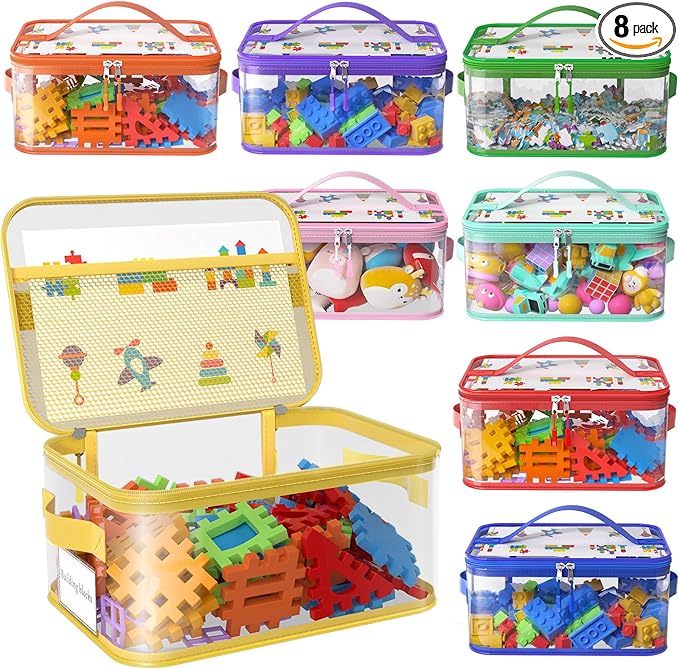 8 Packs Large Clear Toy Storage Bags with Double Zipper & Handles, L | Name Tag, Manual Pocket, Transparent PVC, Waterproof Dustproof, Space-saving, Portability for Building Blocks, Puzzle, Travel by Shcsdr
