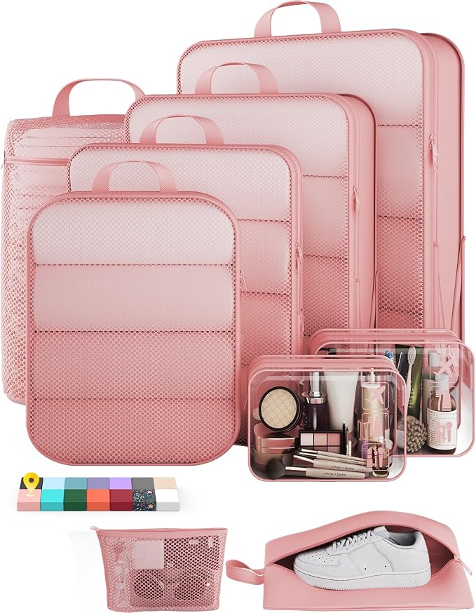 Veken 9/11 Set Compression Packing Cubes Garment Bags for Travel Essentials,Compressible Expandable Luggage Organizer Bags for Clothing,Space Saver Bags with Over 1000 pcs of Mesh Holes(Pink) by Veken