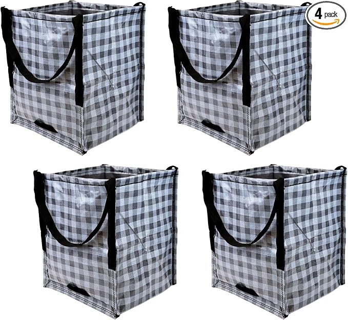DURASACK Heavy Duty Storage Tote Bag 22-Gallon, Gingham Gray, Pack of 4 | Rugged Woven Polypropylene Moving Bag, Reusable Self-Standing Design, Holds up to 500 Pounds by DURASACK