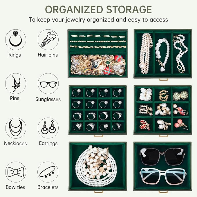 AKOZLIN 6-Tier Jewelry Box Organizer Functional 5 Drawers Leather Jewelry Storage Case for Women Girls Ring Necklace Earring Bracelet Holder Organizer with Mirror Medium Dark Green - Image 4