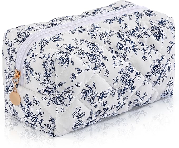 Makeup Bag Travel Toiletry Bag for Women, Small Cosmetic Bags Aesthetic Organizer Quilted Cotton Makeup Pouch&Purse Emergency Bag Floral Pencil Case Accessory Bag, Vintage Blue by Unknown
