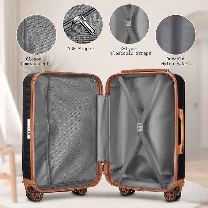 Melalenia Suitcase Sets 6 Piece Hard Shell Carry on Luggage with Spinner Wheels and TSA Lock, Lightweight Travel Backpack for Women, Men, Black Brown - Image 8