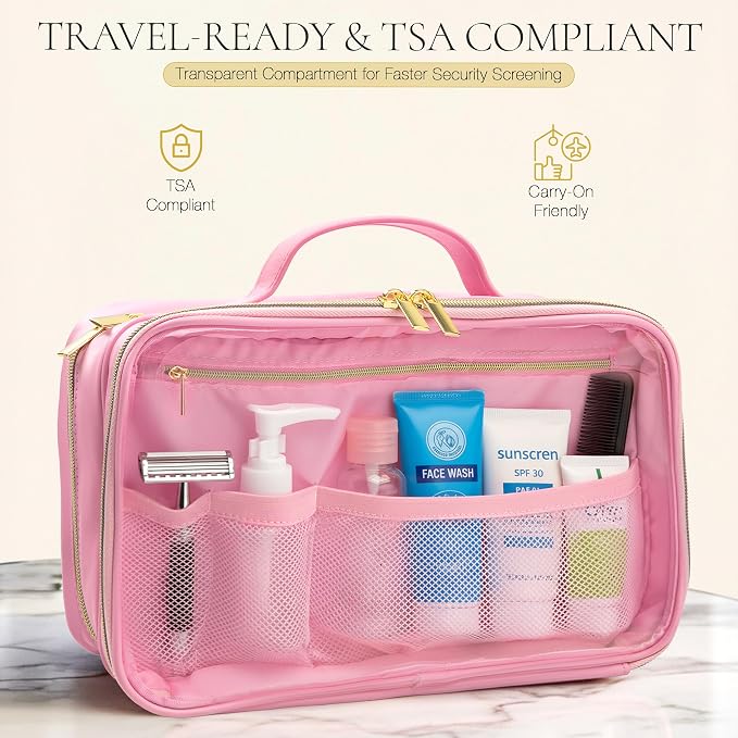 2-in-1 Travel Makeup and TSA Toiletry Organizer for Women – Flexible Compartments, Clear TSA Window, Wipe Clean Vegan Leather, Gift Box Included – Carry-On Approved, Cream - Image 5