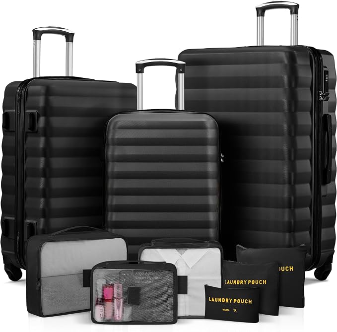 3 Piece Luggage Sets ABS Hardshell Suitcase with Spinner Wheels with 6PC Packing Bags(20/24/28inch) by Suitour