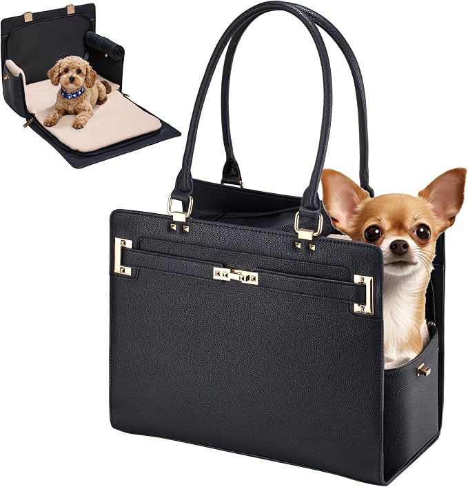 Dog Purse Carrier for Small Dogs, Stylish Foldable Pet Carrier Purse Tote Bag with Washable Cushion & Safety Leash, Airline Approved Puppy Travel Bag with Pockets (Black) by GLOBLYTE