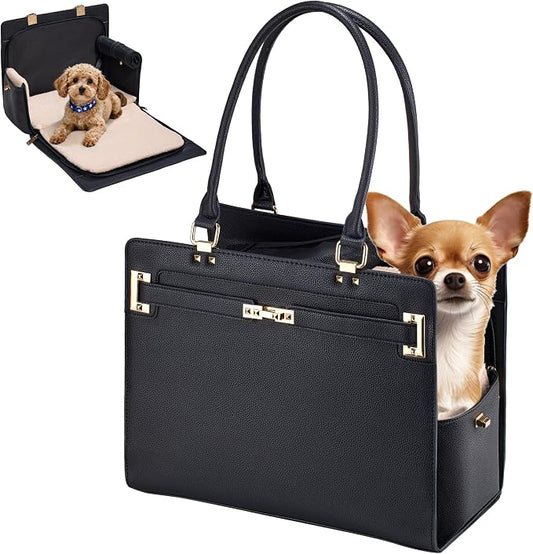 Dog Purse Carrier for Small Dogs, Stylish Foldable Pet Carrier Purse Tote Bag with Washable Cushion & Safety Leash, Airline Approved Puppy Travel Bag with Pockets (Black) by GLOBLYTE