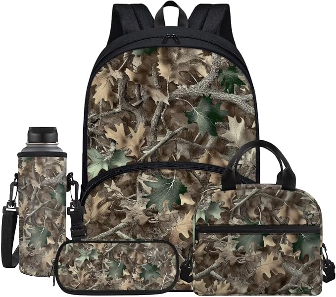 Classic Oak Camouflage Print Backpack for Boys with Lunch Box Cooler Water Bottle Sleeve Cover Small Portable Pencil Pen Case Back to School Supplies - Image 2