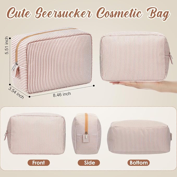 Sanwuta 6 Seersucker Cosmetic Bag Bulk Striped Makeup Bag for Women Aesthetic Cute Travel Toiletry Organizer Preppy Storage Pouch for Wedding Bridesmaid Mother's Day Teacher Gift (Large,Classic) - Image 2