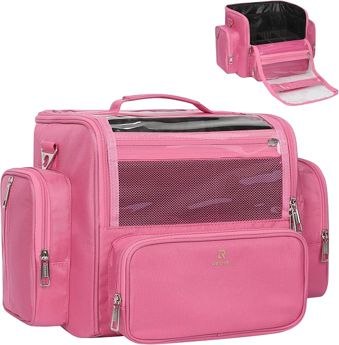 NAONAYA Pink Makeup Brush Bag, Clear Makeup Brush Holder with Lid, Extra Large Capacity Travel Cosmetic Bag Makeup Artist Must Haves,Make Up Organizers and Storage, with Adjustable Dividers by NAONAYA