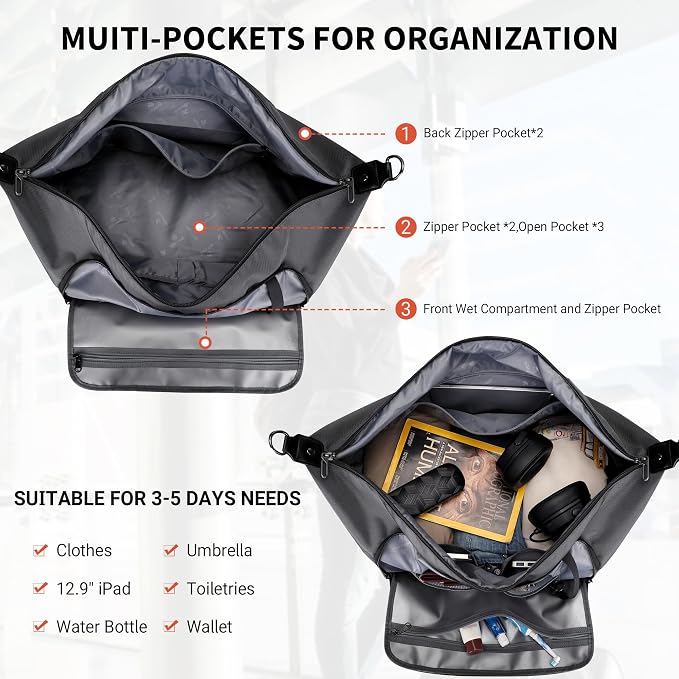 WITZMAN Travel Duffle Bags for Men Weekender Bags with Toiletry Bag Sets Carry On Overnight Bag 55L （B696 Silvery Grey） | Multi-pockets with Shoe Compartment and Dry-wet Pocket, Carry On, Convertible for Gym, Overnight, Sports, B696 Silvery Grey - Image 3